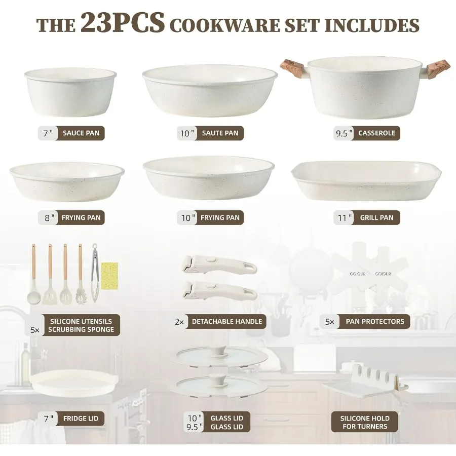 23Pcs Ceramic Cookware Set Non Stick Pots and Pans Set Non Toxic with Detachable Handle Induction Kitchen Cookware Set Space Sav