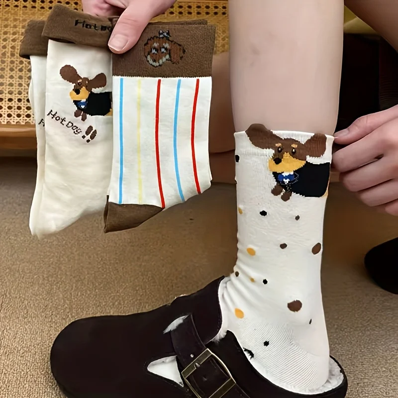4 Pairs Women's Dachshund Cartoon Mid-Calf Socks,Fashionable Versatile,Autumn Winter Khaki Polka Dot College Trendy Women's Sock