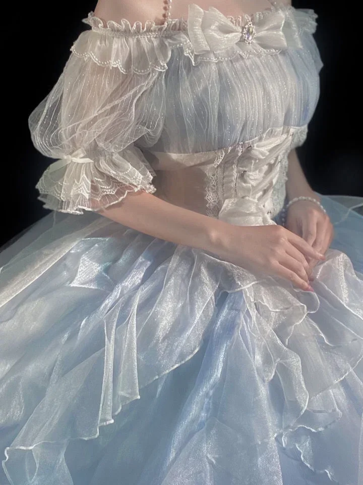 Lolita Op Princesse Manches Bouffantes pour Fille, Robe de Dégradation, Tunique en Maille, Noeud Papillon, Fleur, Ruban, Style Romantique Français, Cosplay Élégant