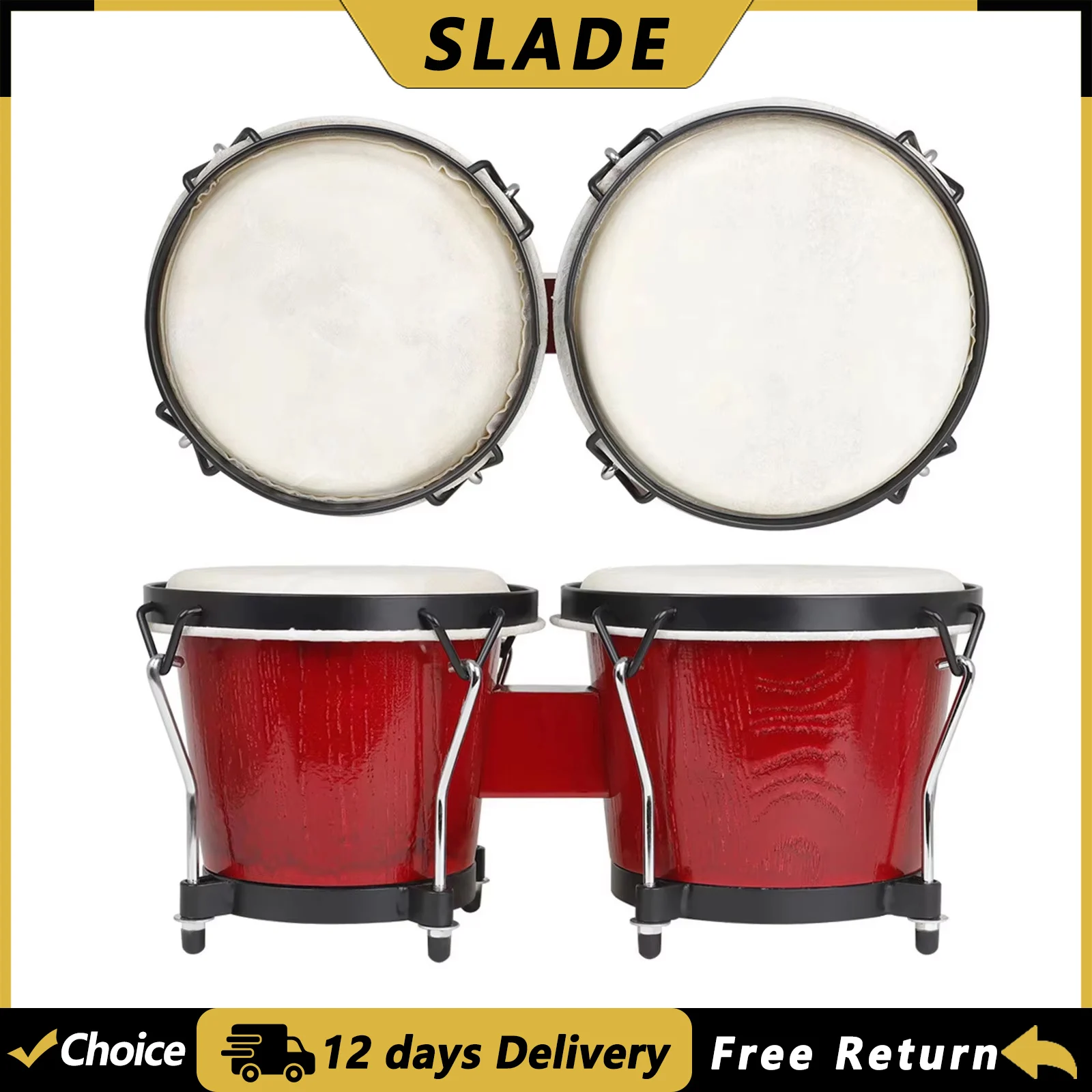 SLADE African Bongo Drum Solid Wood Cuban Drum Jazz Style Thick Goatskin Bongo Music Drum Percussion Musical Instrument