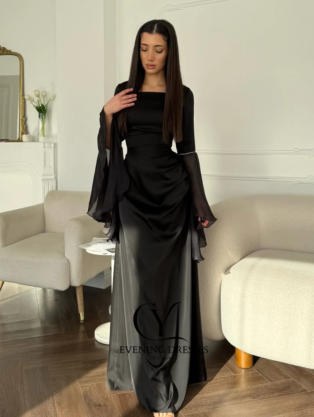 CUYUN ブラックフレアスリーブロングプロムドレススクエアカラーカスタマイズされたサウジアラビアドバイエレガントなイブニングドレスフォーマル宴会ガウン