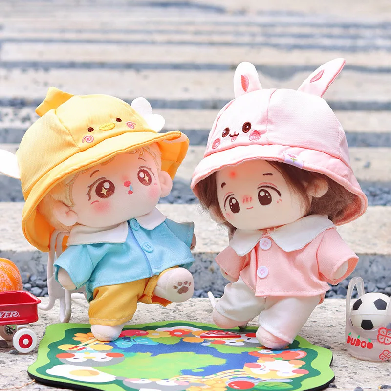

For 20cm Cotton Doll Clothes Cartoon Rabbit Yellow Duck Shaped Hat Cute Pink Blue Shirt White Canvas Shoes Doll Accessories Gift