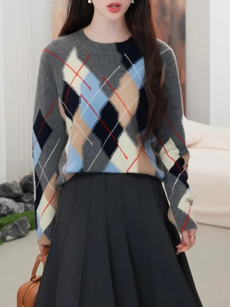 

Корейский кардиган-свитер с цветными вставками и ромбовидным узором, длинный, осенний, новинка, больших размеров, универсальный, стильный топ