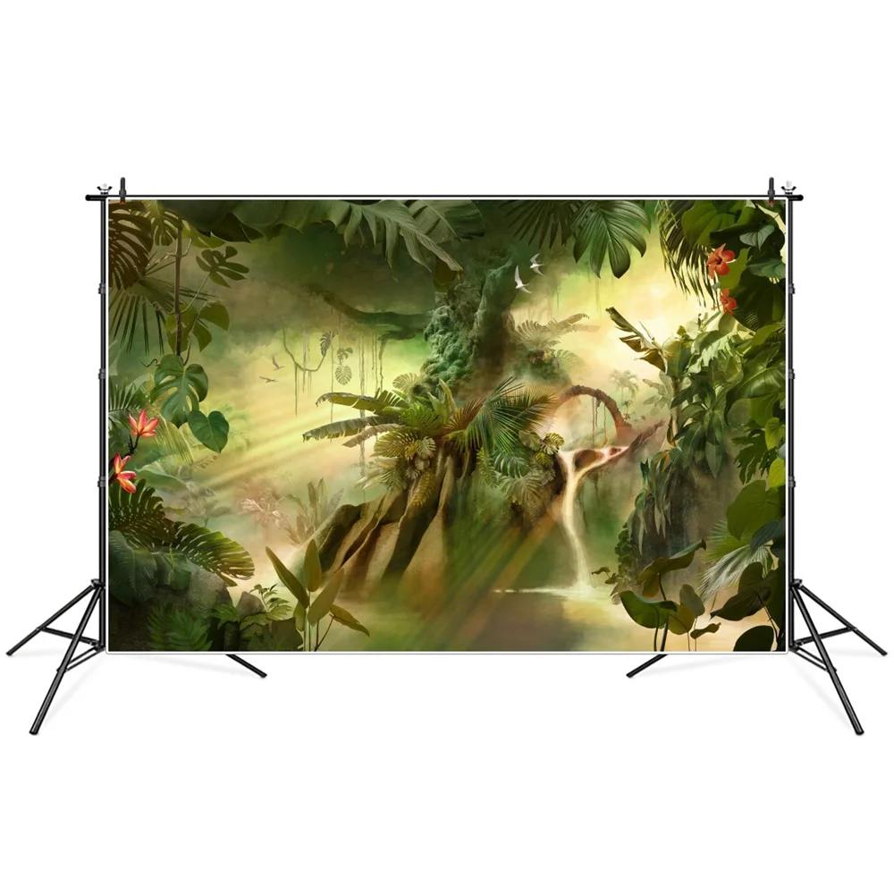 Fondos de fotografía de selva Tropical, Bosque, árboles, hojas, cascada, decoración personalizada para fiesta de bebé, estudio de fotomatón