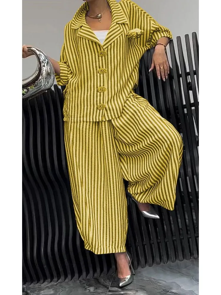 Women Fashion Lapel Wide Leg Pants Loose Sets 2024 Spring Autumn New Stripe Print 2PCS Casual Suits Office Simple Outfites