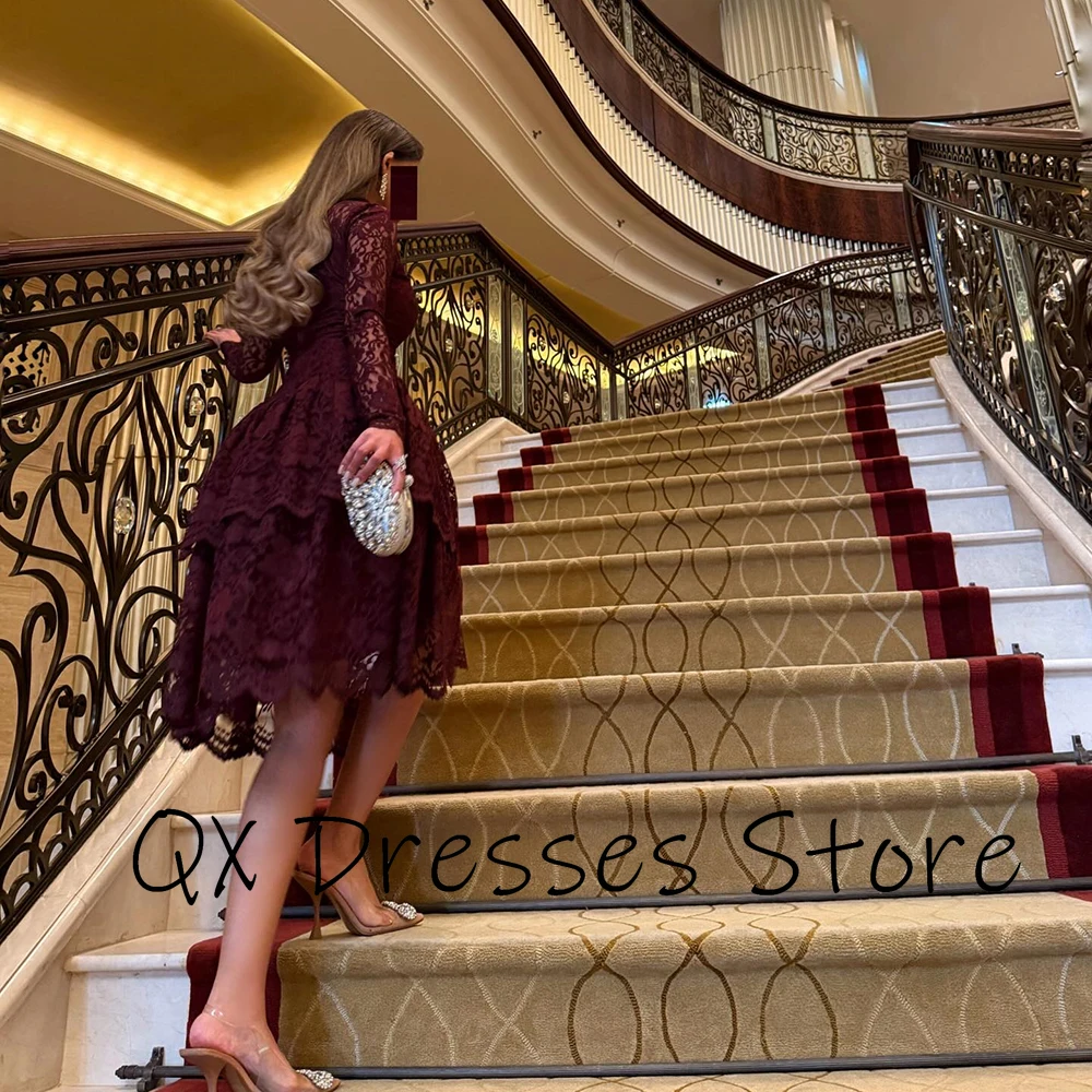Customized Burgundy O-neck Lace Party Gown ILLUSION Full Sleeves Pleat Tiered Prom Dress Ruffles Knee Length Party Dresses image 2
