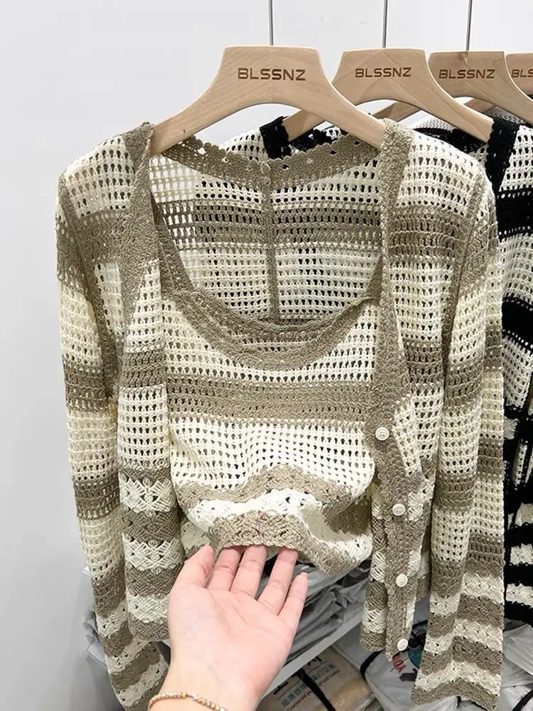 Two-Piece Striped Cardigan Set for Women, Tops Vest, Long Sleeve, Hollow Out, Hanging Strap Inside, Outerwear, Summer, New