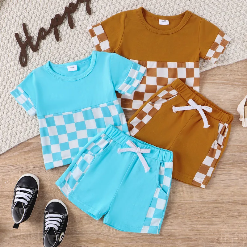 

Baby Boy Summer Clothes Checkerboard Print Short Sleeve Round Neck T-Shirt with Shorts 2Pcs Outfit