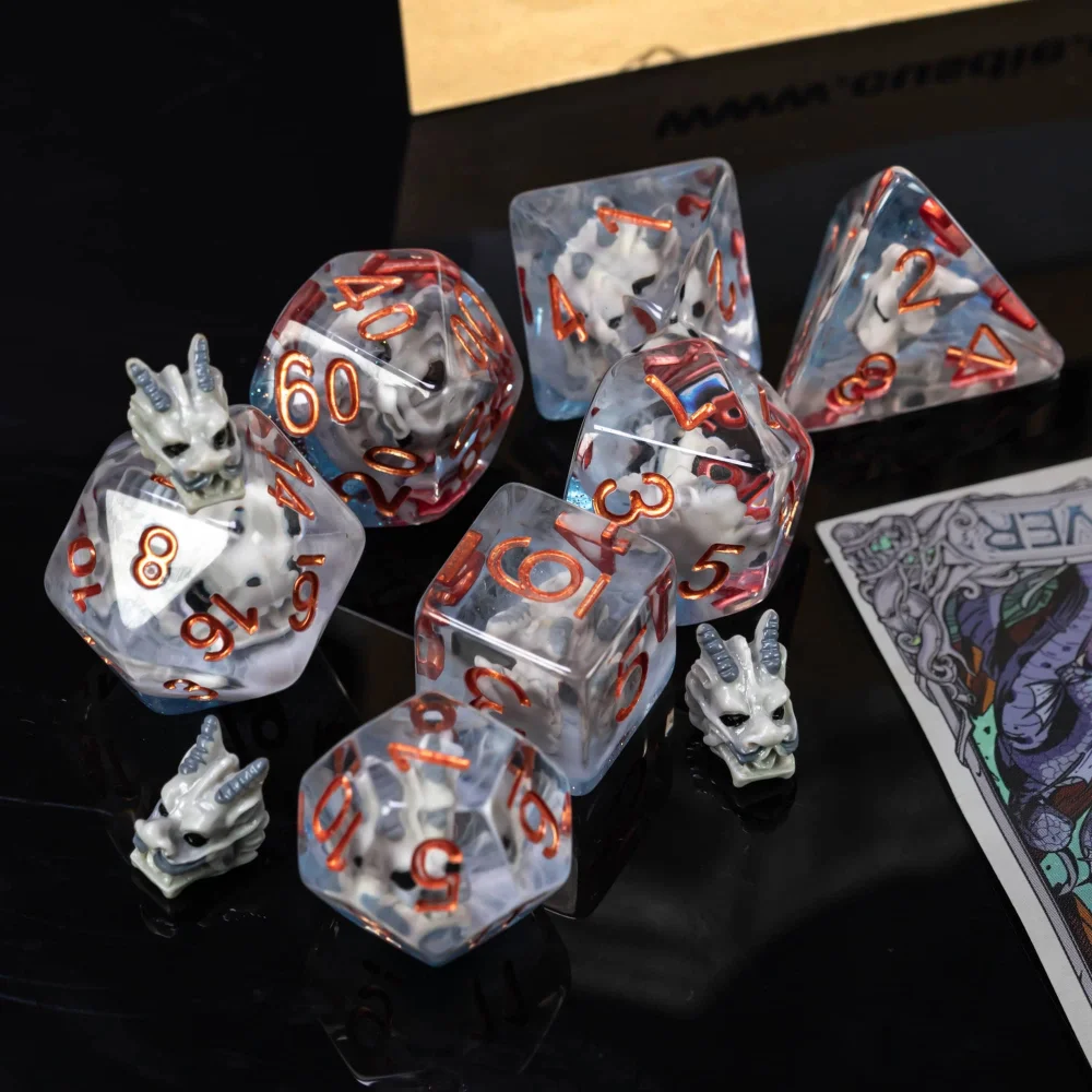 Cusdie DnD Dragon Head Dice Set 7Pcs Resin D4 D6 D8 D10 D% D12 D20 D&D Polyhedral Dice for Role Playing Game Table Games