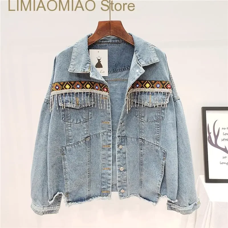 

New Spring Loose Vintage Ethnic Embroidery Tassel Jeans Jacket Women Frayed Blue Denim Jacket Long Sleeve Casual Outerwear