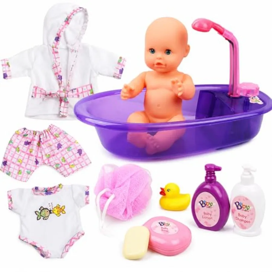 

Baby Bath Toys 13-Inch Little Newborn Doll Bath Set - Real Working Bathtub with Detachable Shower Spray and Accessories for Pre