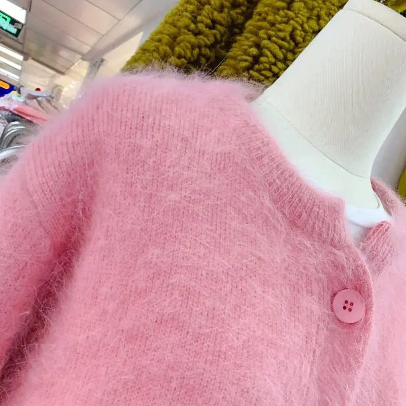 Fashion Korean Pink Mink Cashmere Soft Sweater Cardigan Chic Autumn Winter Women O Neck Single Breasted Mohair Knitted Cardigans