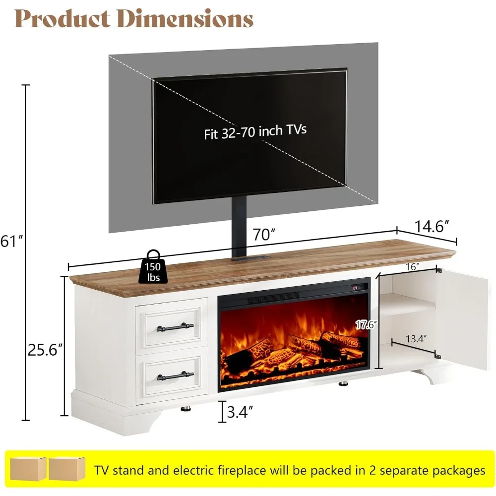 Soporte para TV con chimenea eléctrica para televisores de 32 a 70 pulgadas con funciones giratorias y ajustables, toma de corriente incluida, ideal para Livi modernos