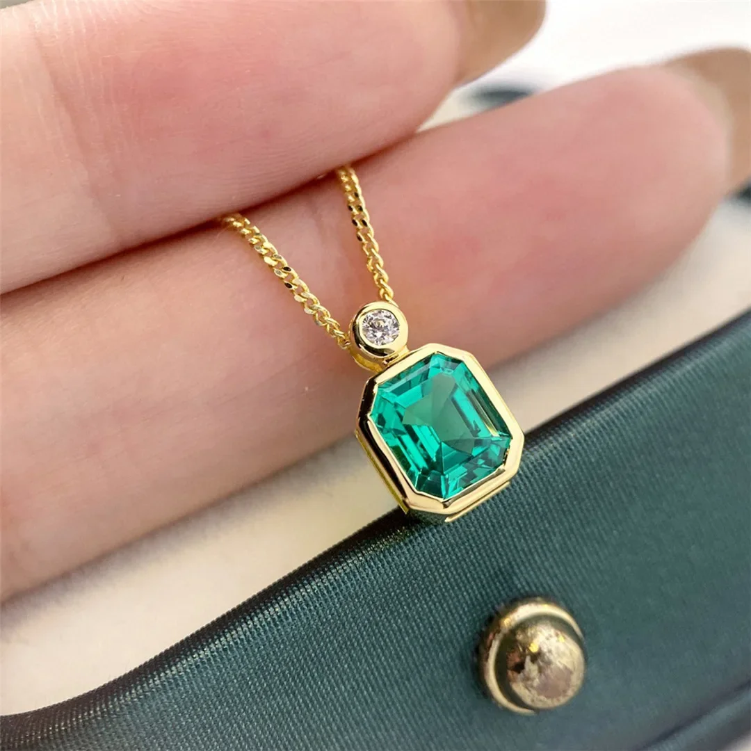 Cultivated Emerald Necklace Pendant S925 Silver Lab Simulation Drill Single Drill Clavicle Chain Women's