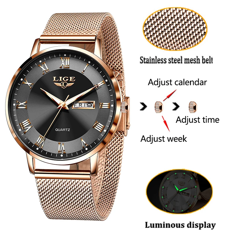 LIGE Frauen Uhr Armband Quarzuhr Bewegung Einfache Wasserdicht Rose Gold Edelstahl Mesh Damen Uhren Relogio Feminino