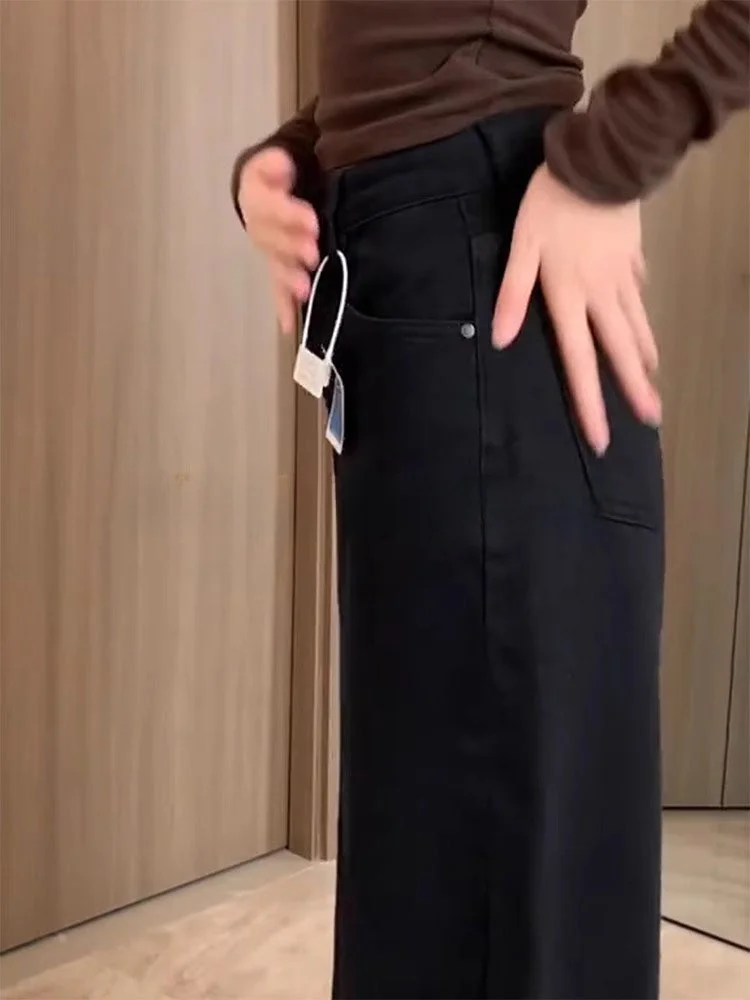 بنطلون جينز أسود واسع الساق للنساء بخصر عالٍ وقصة مستقيمة مناسب للجسم على شكل كمثرى ومقاسات كبيرة وللأقلين طولًا، بنطلون ديني... #5