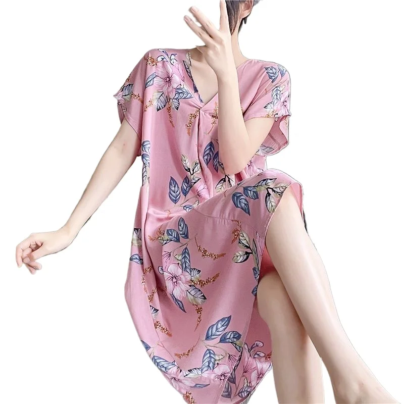 Cotton and Silk Nightgown Korean Version Large Size Loose Loungewear  2006 Women's Summer Short-sleeved Cartoon Printed Pajamas