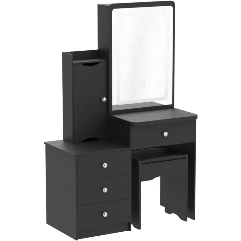 Dressing table set with large sliding lighting mirror,4 drawers,hidden storage rack,and bedroom cushioned stool15.7Dx35.4Wx52.4H