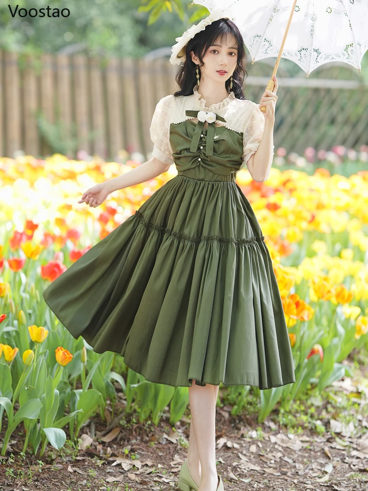 

Summer Vintage Victorian Princess Dress Women French Sweet Lolita Style Puff Sleeve Party Dresses Female Elegant Green Vestidos