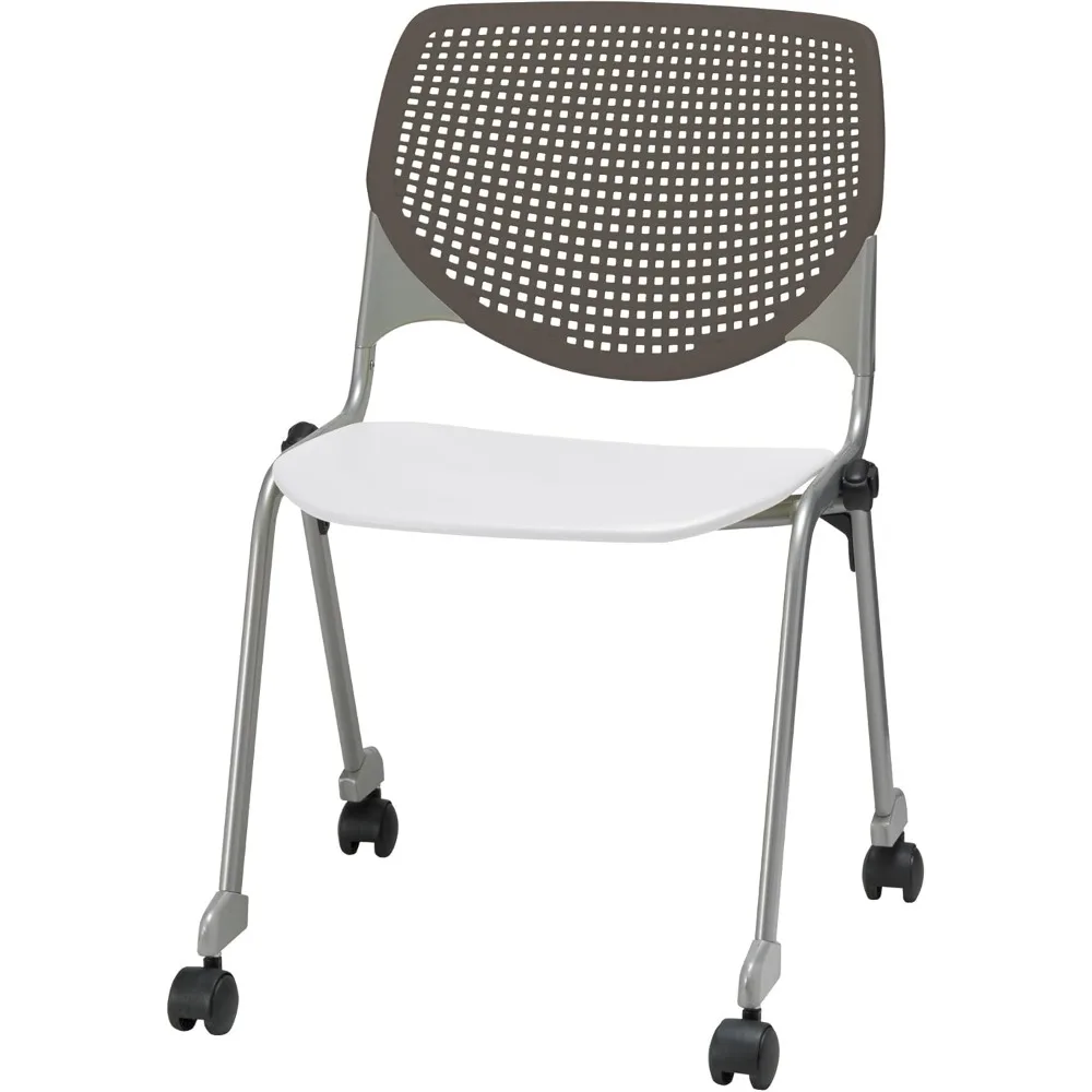 Poly Stack Chair with Casters and Perforated White Seat and Brownstone Back