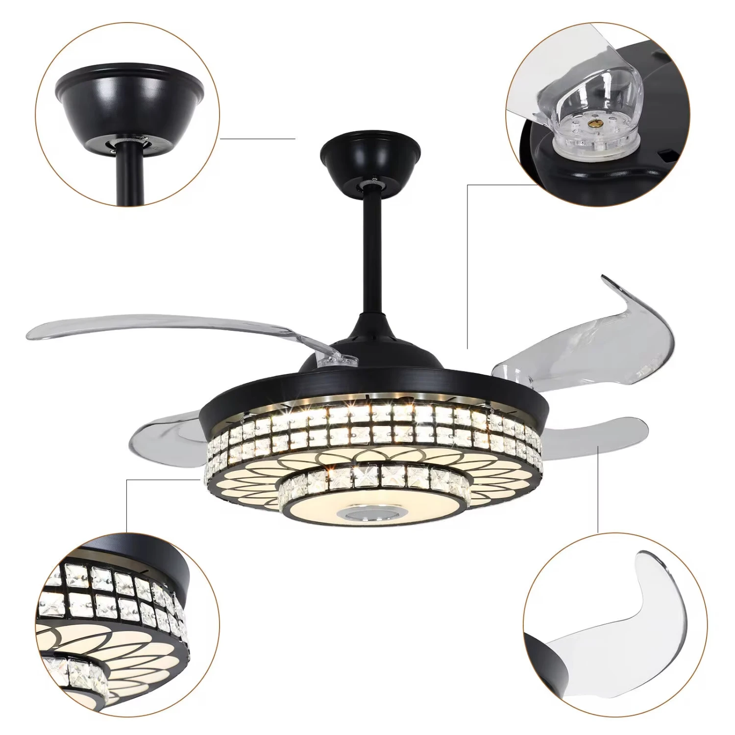 Ventilateur de plafond rétractable avec lumière et haut-parleur Bluetooth, lustre à intensité variable, 42 po