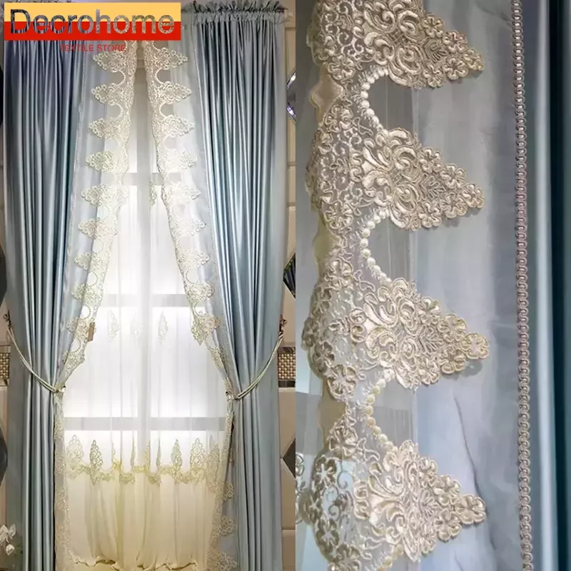 Customized Light Blue Lace Embroidery Lace Splicing Curtains for Living Room Bedroom French Window Balcony Window Screen