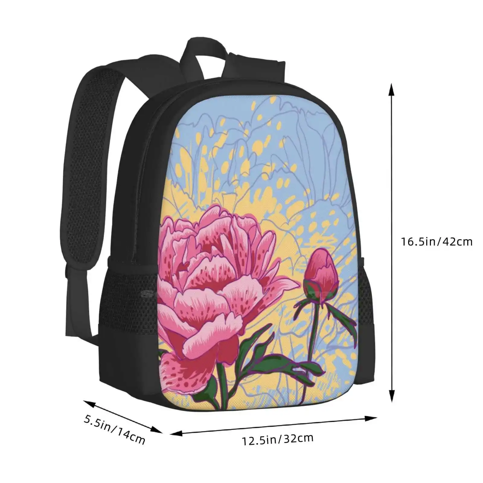 Mochila escolar con diseño de patrón de flores de peonía, bolso para portátil de viaje, línea de pión antiguo, hoja rosa, pétalo, estilo Retro