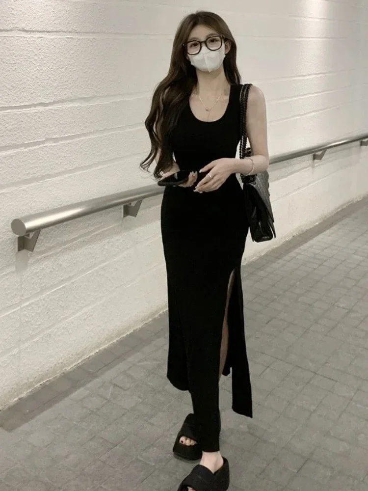 Abiti con spacco nero Donna senza maniche Hotsweet alla caviglia Casual Estate Aderente Temperamento Moda femminile Stile coreano Classico