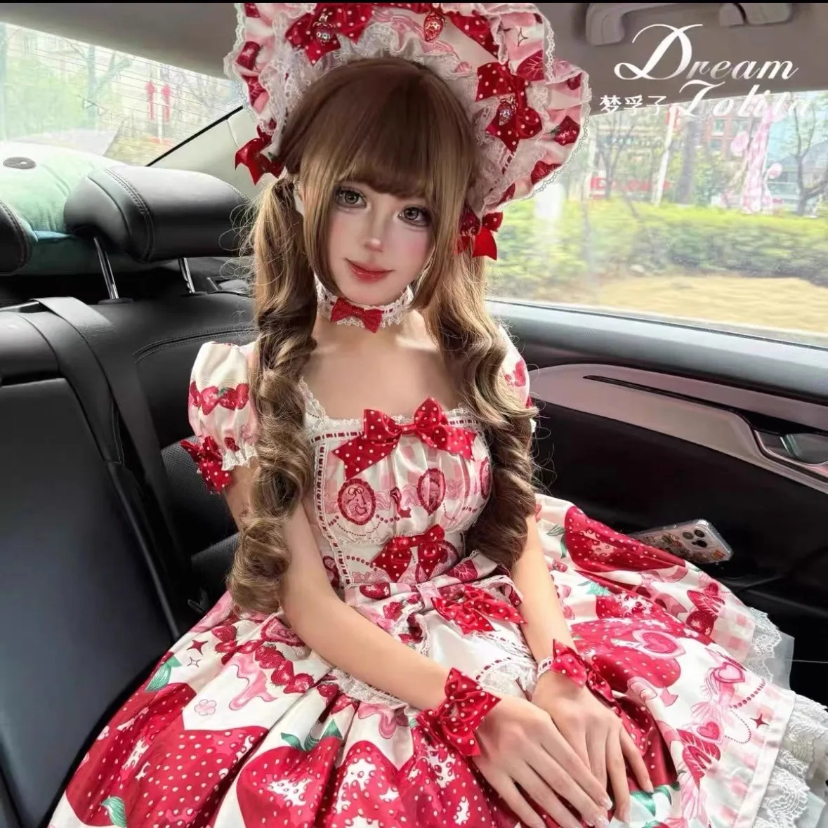 Sweet Strawberry Print Lolita Dress Op Summer New Japanese Girls Cute Bow Kawaii Sling Dress Jsk Loli Lo Cos Dress Apron Set