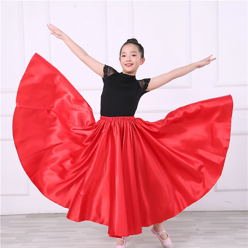 Abbigliamento danza del ventre Maxi gonne 360D per donne adulte bambini ragazze Sexy gonna Flamenco spagnola abito orientale in raso liscio