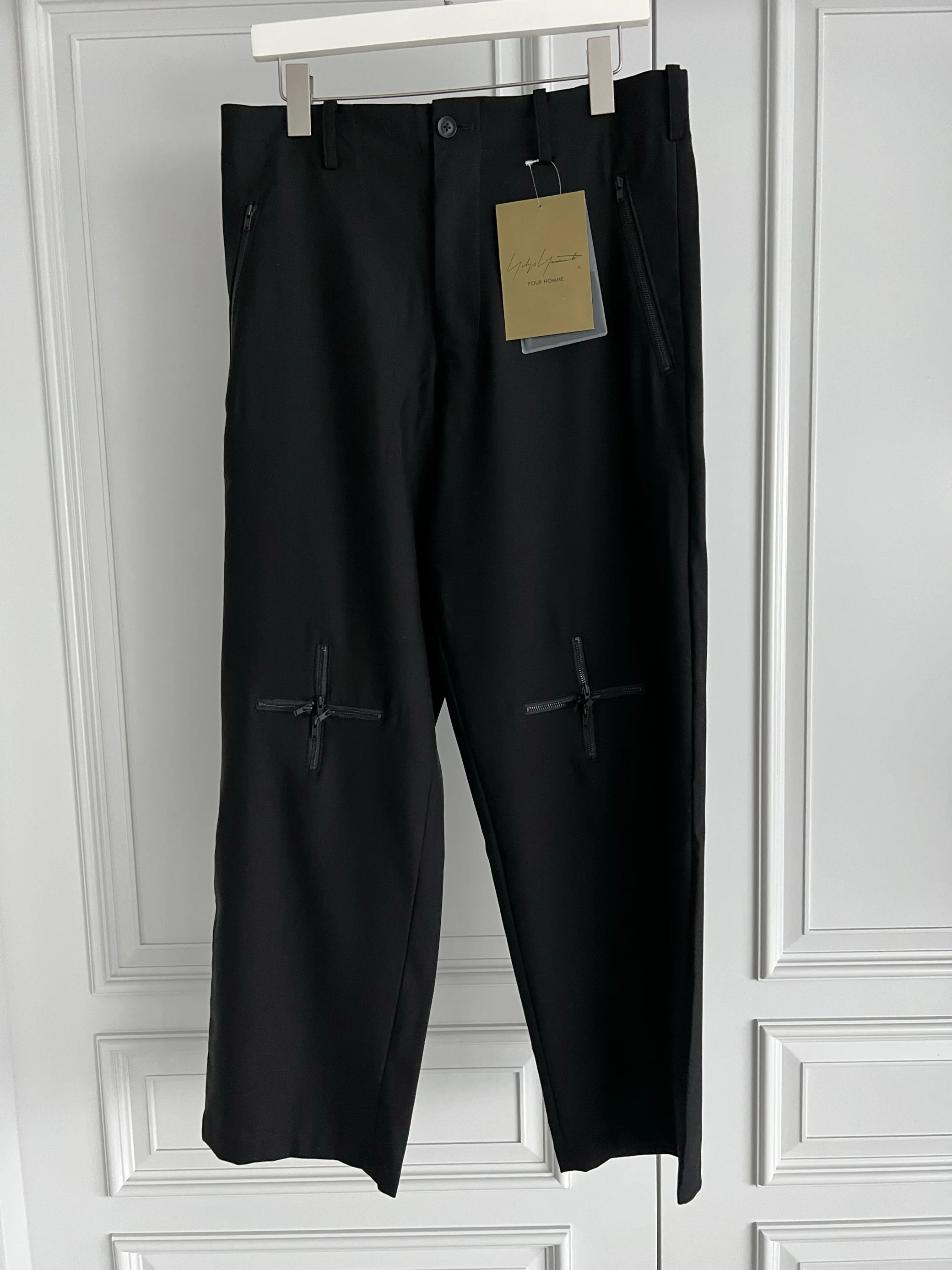 TOP-YAMAMOTO pantaloni da uomo neri con cerniera dal design originale, pantaloni skinny firmati originali
