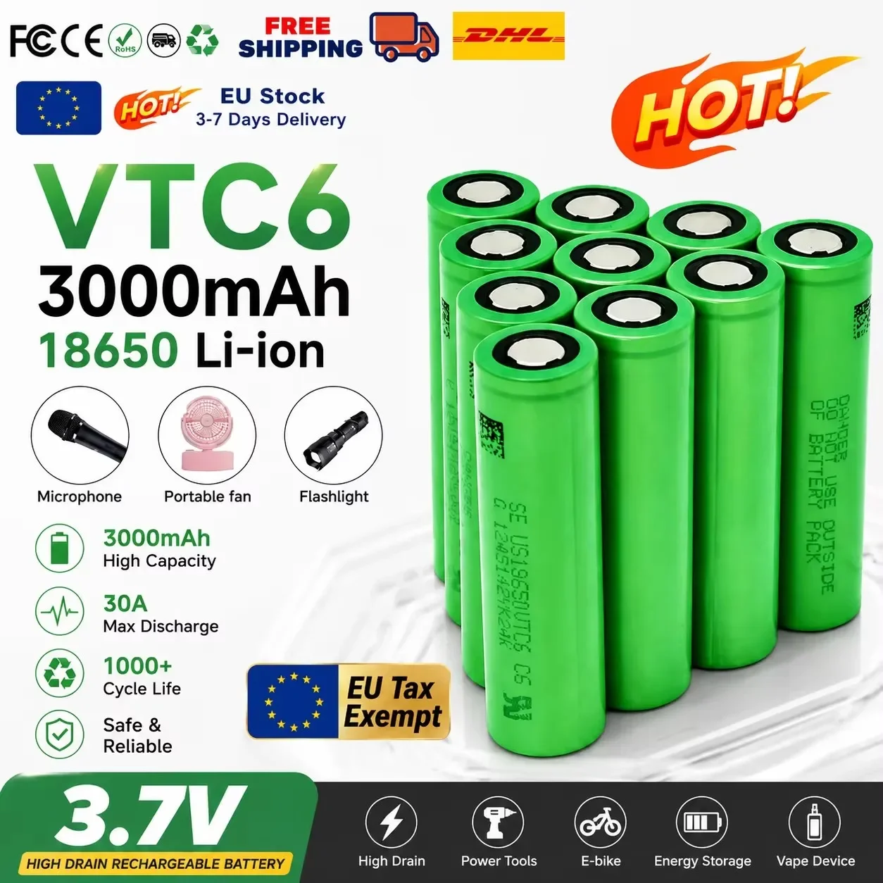 Batteria al litio ricaricabile originale di alta qualità, modello 18650, 3,7 V, VTC6, 3000 mAh, con corrente di scarica di 25 A, ideale per un'alimentazione affidabile e sicura di torce a LED.