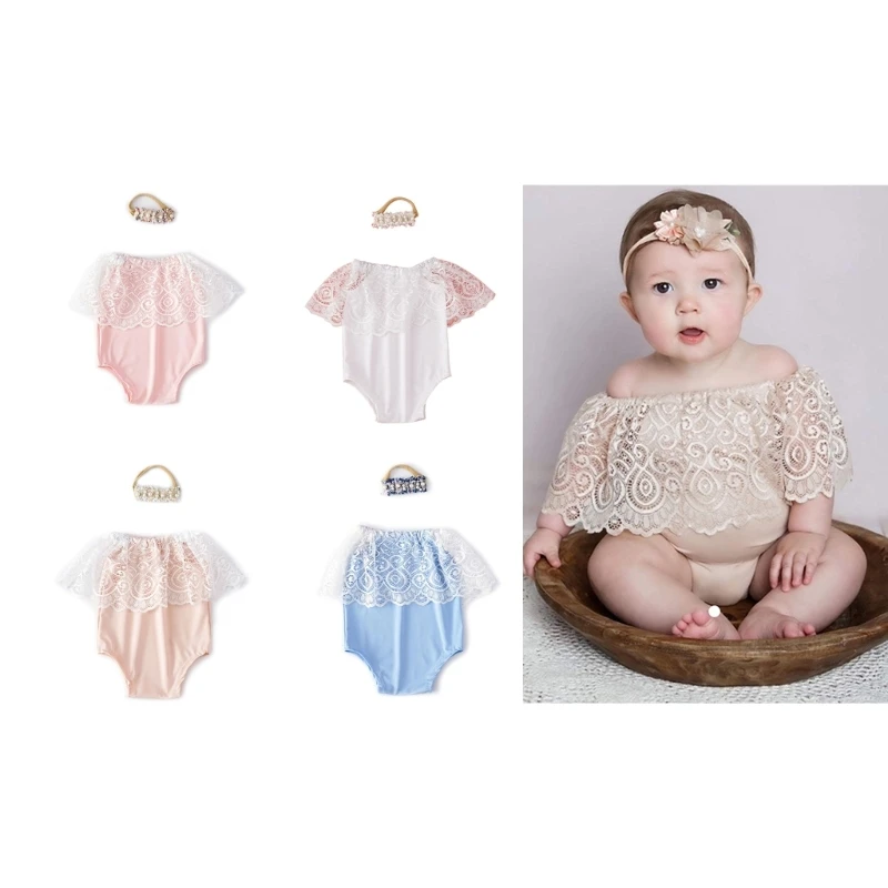 

Newborn Girls Photography Clothing Set Infants Romper Bodysuit & Headwear Shower Gift Photos Props for 2-6 Months Baby