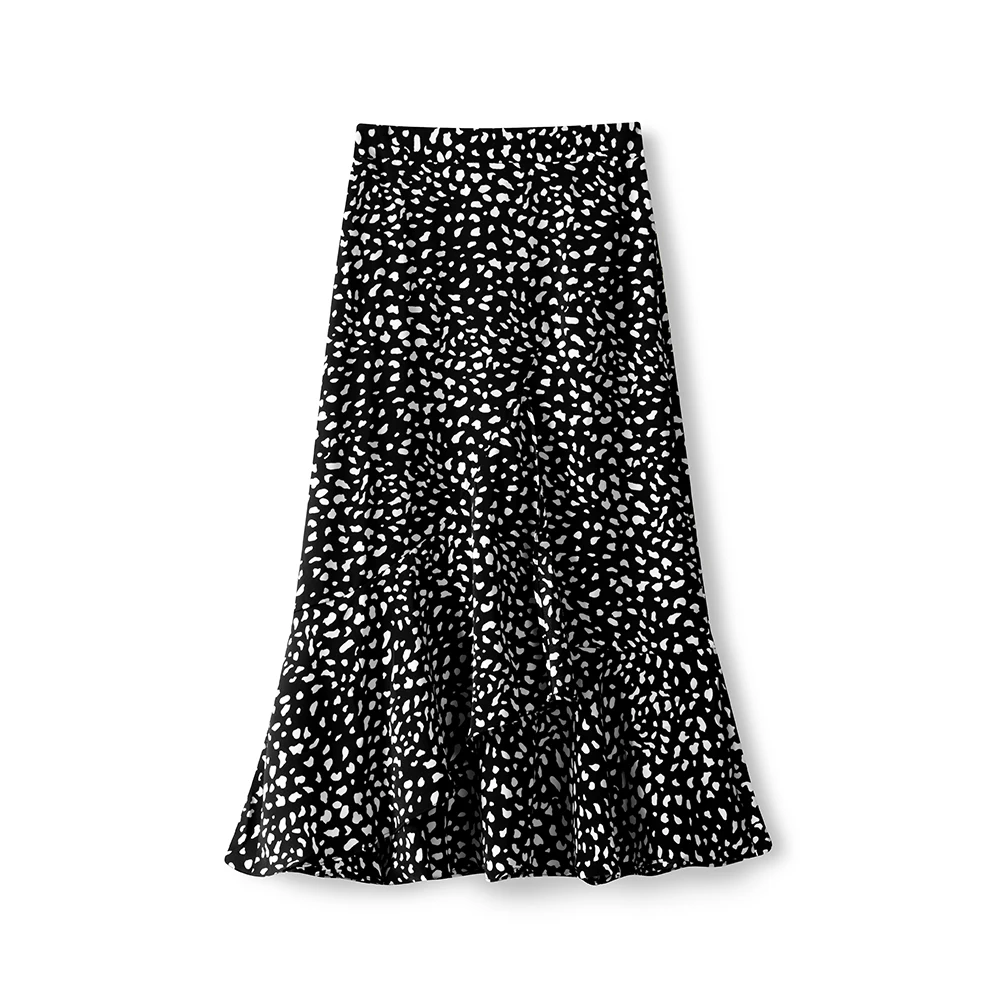 Chiffon Polka Dots Fishtail Skirt Women's Summer High Waist  Mid-Length Ruffled A- line Skirt