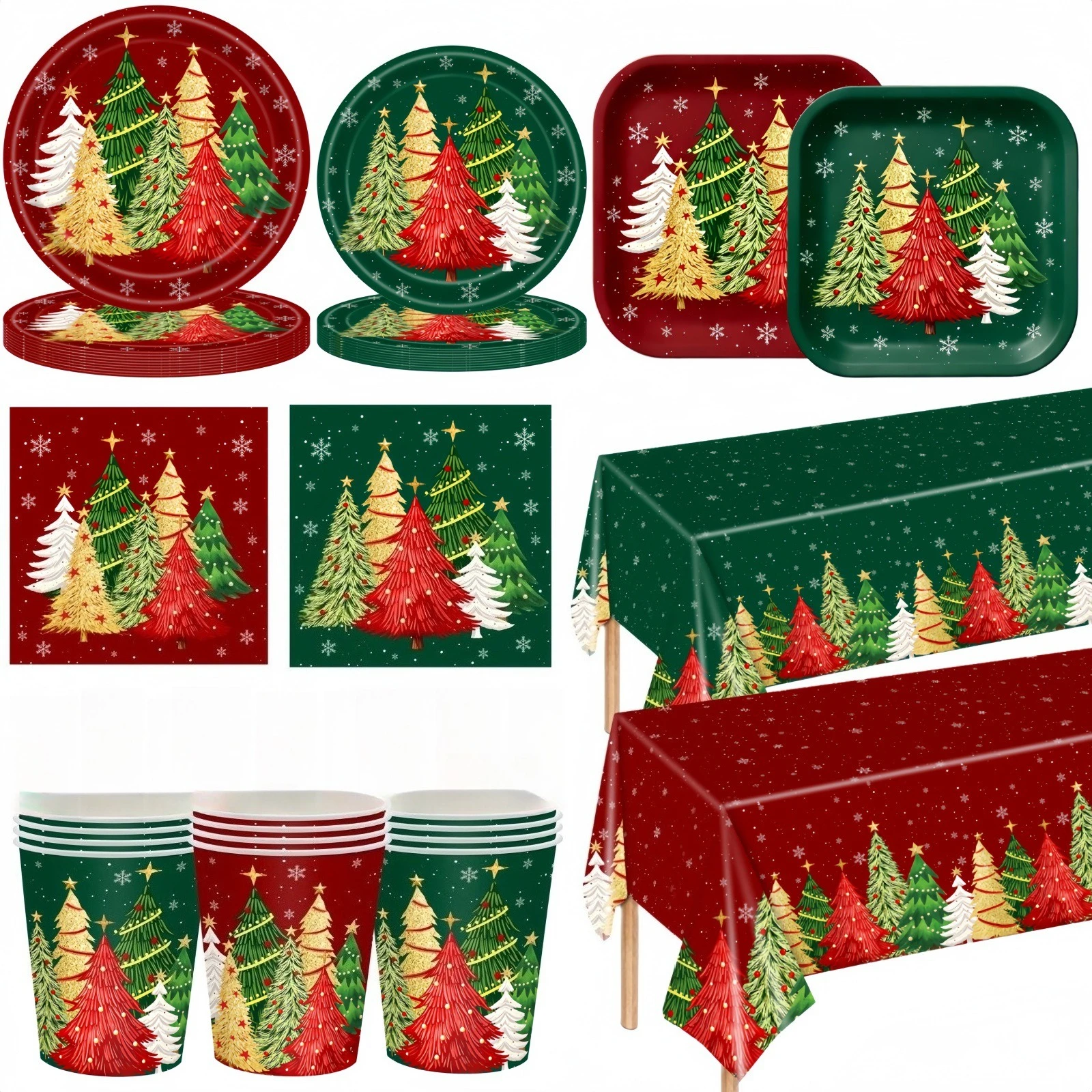 Christmas Tree Disposable Tableware Set Paper Plate Cup Tissue Tablecloth Christmas Day Party Supplies New Year Table Decoration