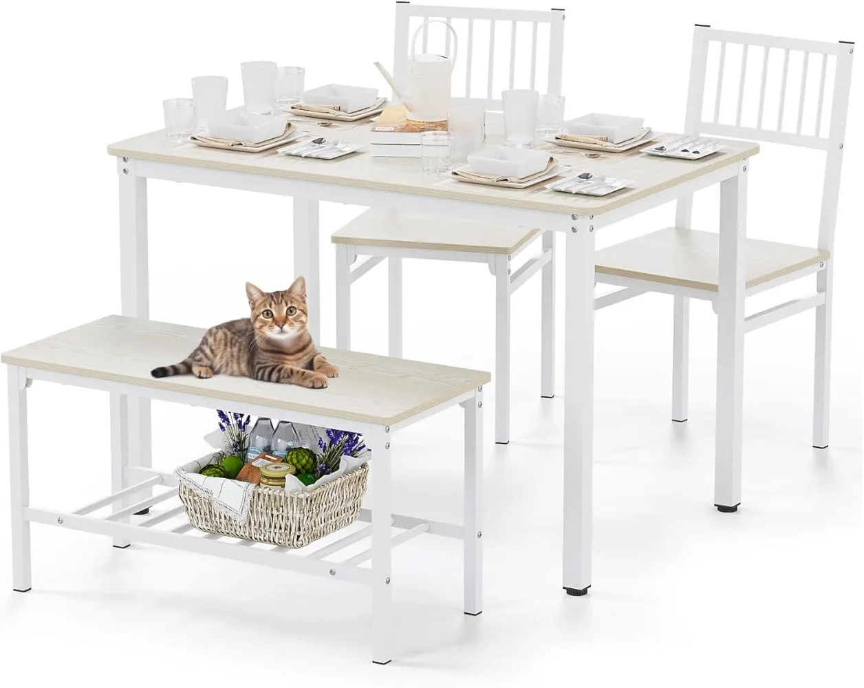 

Dining Table Set/Computer Desk,Kitchen Table with 2 Chairs and A Bench,Table and Chairs 4 Piece Set for Dining Room (Beige)