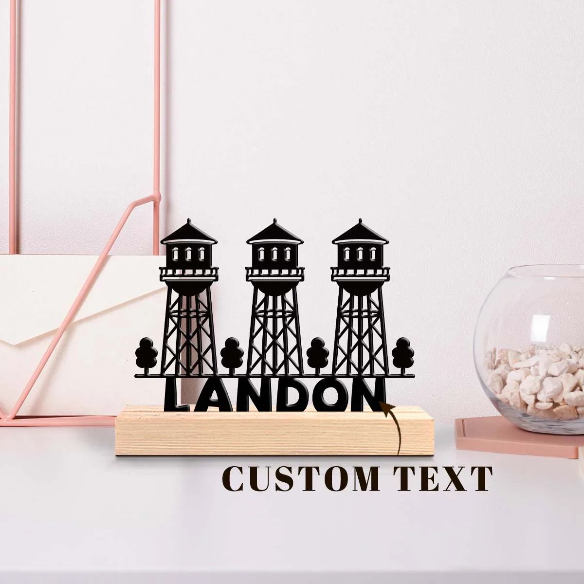 1pc Metal Desktop Decoration Customizable Name Equipped with A Wooden Base Art Decoration, Desktop Decoration