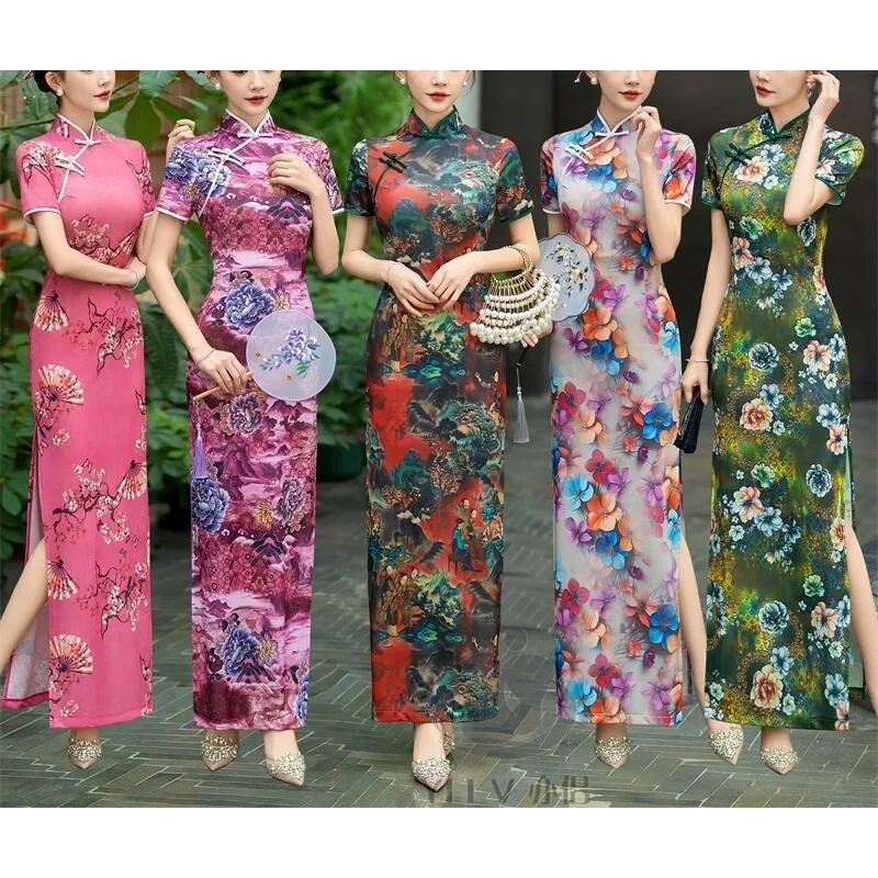 

Модная женская одежда 2026: Новое улучшенное высококачественное китайское платье-ципао в ретро-стиле, с коротким рукавом, для подиума, длинный фасон