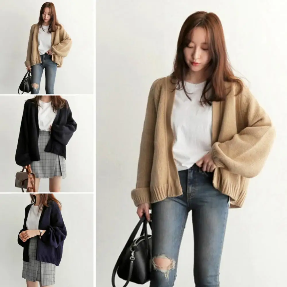 2021 Phụ Nữ Mùa Thu Ấm Dáng Rộng Màu Trơn Ngắn Đan Áo Len Choàng Thời Trang Mùa Đông Harajuku Veste Femme