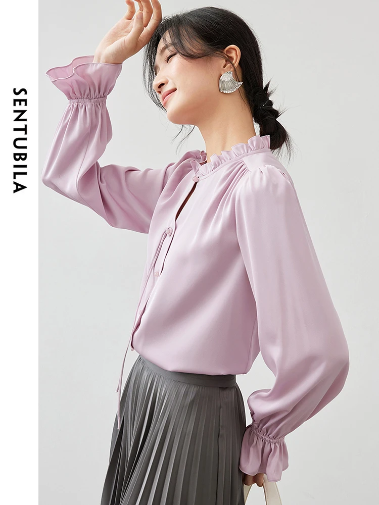 SENTUBILA Texture Satin Shirt for Women 2024 Autumn Straight Hollow Out Ruffled Neck Puff Sleeve Elegantly Women Top 143C55441