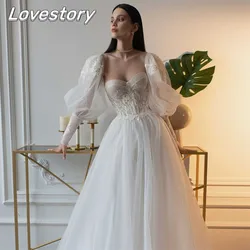 Sexy Sweetheart Neck A-Line Wedding Dresses Long Puff Sleeves Bride Robe Sexy Backless Bridal Gown Appliques Vestidos De Noiva