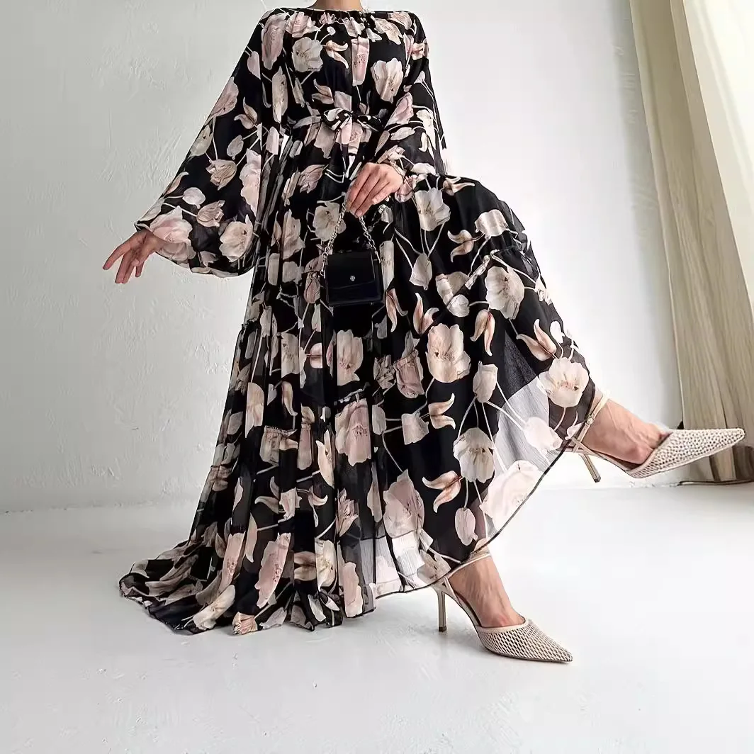 Chiffon Flower Dresses for Women Elegante Abaya Dubai Islam Muslim Dress Women Lace-up Casual Kaftan Clothes for Muslim Women