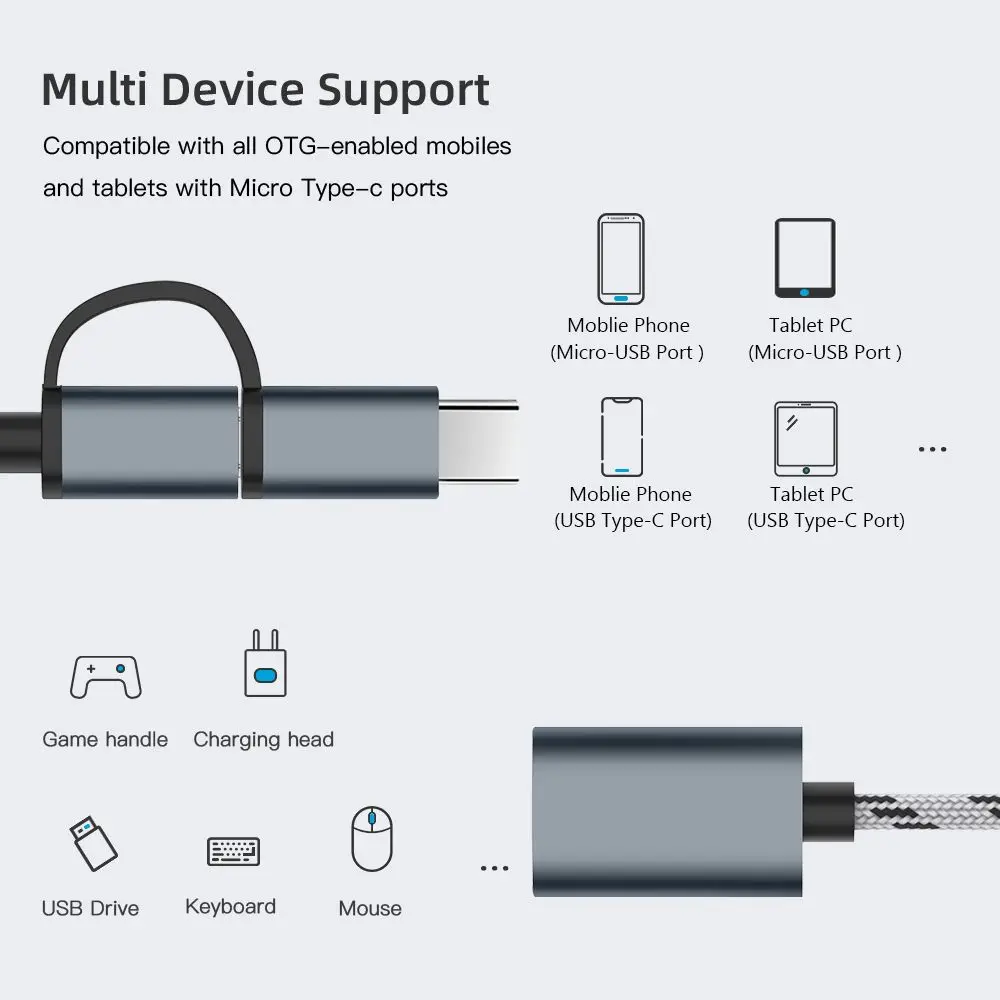 하이 퀄리티 데이터 코드 휴대폰 태블릿 수-암 어댑터, OTG 케이블, 마이크로 USB, C타입-USB 3.0, 2 in 1