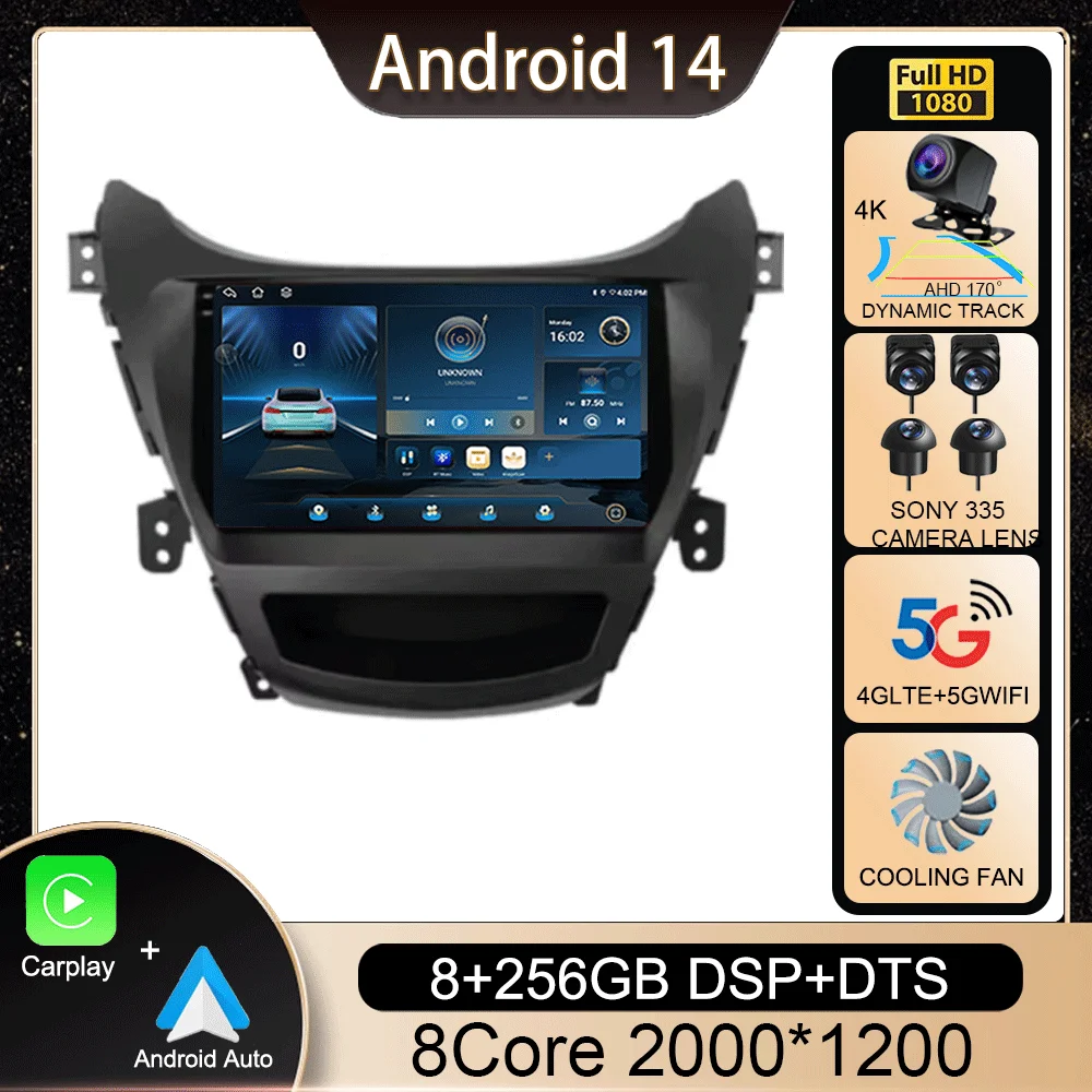 Car Radio Android 14 For Hyundai Elantra Avante I35 2011 - 2013 2014 2015 2016 Multimedia Player GPS Navigaion 2 din Stereo DVD