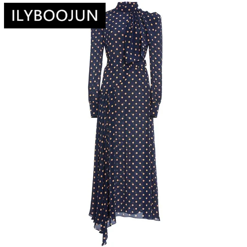 

ILYBOOJUN Autumn Fashion Designer Vintage Polka Dot Print Dress Women Stand Collar Ruffles Sashes Gathered Waist Slim Long Dress