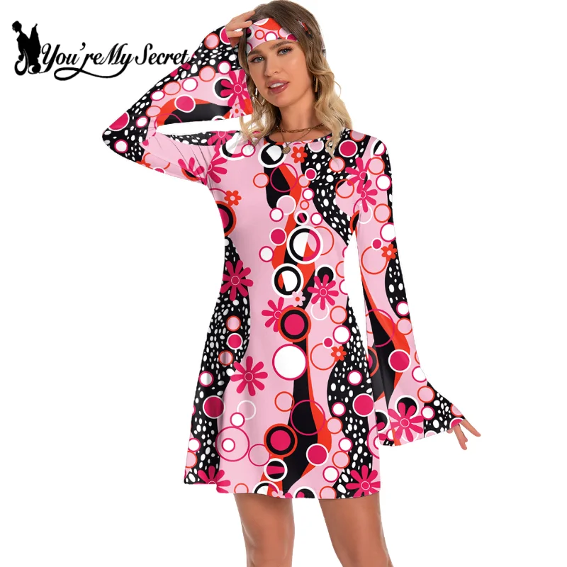 

[You're My Secret] Disco Dress 70s Outfits for Women Floral Printed Retro Flared Hippie Costume Carnival Party Dance Dresses