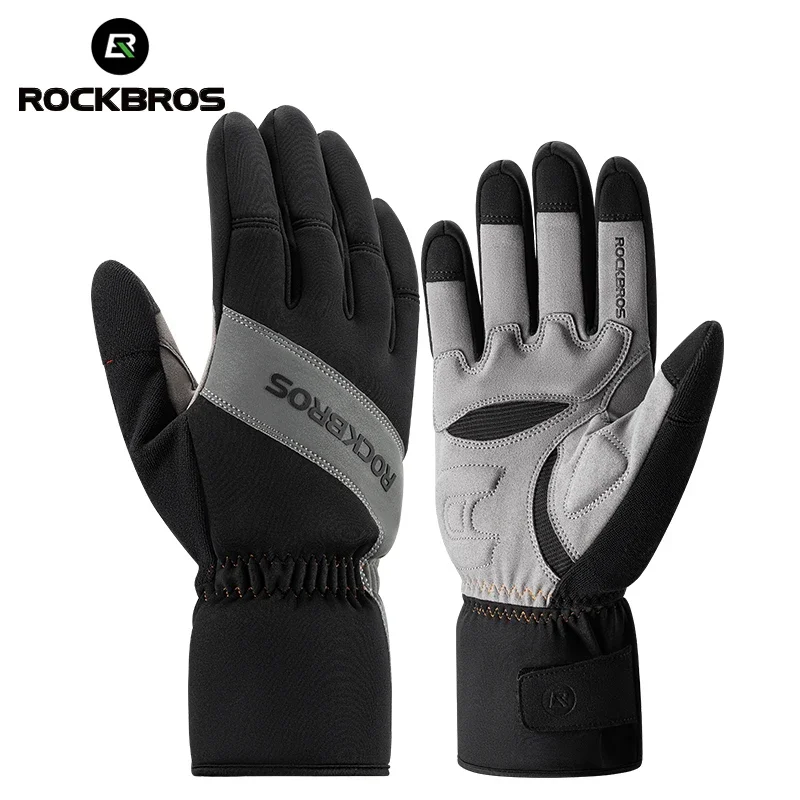 ROCKBROS Winter Warm Cycling Gloves Motorcycle Bicycle Gloves Windproof Reflective Full Finger Screen Touch Fleece-lined Outdoor