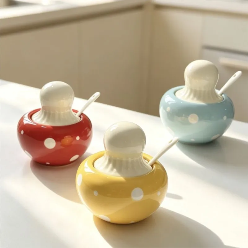 Creative Mushroom Shaped Seasoning Jar House Kitchen Storage Salt Jar Chili Oil Sauce With Spoon Seasoning Ceramic Tank ZJ152