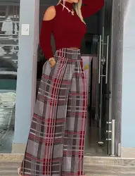 Two Piece Set Women Outfit 2023 Spring Fashion Cold Shoulder Long Sleeve Top & Plaid Print Pocket High Waist Wide Leg Pants Set
