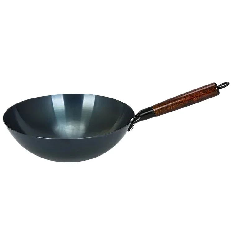 30/32/34cm Traditional Iron Wok,Non-coating Woks Hand Forged for Kitchen PanWooden Handle Wok Kitchen Gas Pot Cookware